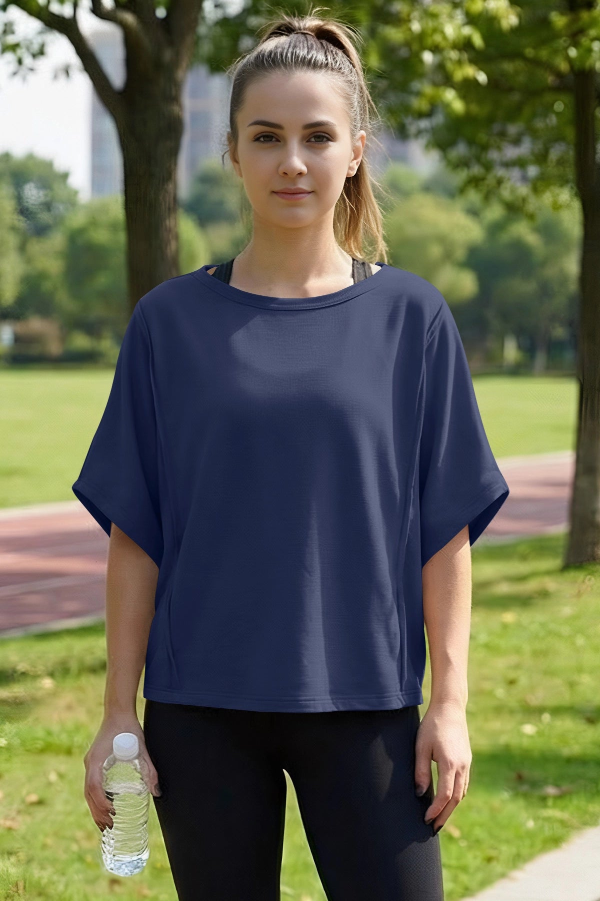 Fisoew Women's Navy Oversized Crop Tops Summer T-Shirt - Fisoew