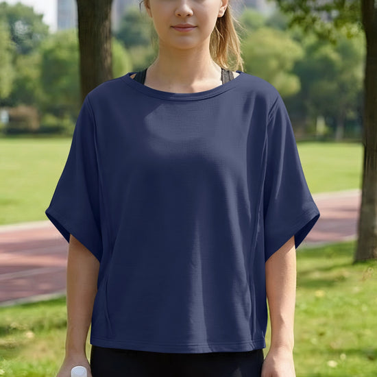 Fisoew Women's Navy Oversized Crop Tops Summer T-Shirt - Fisoew