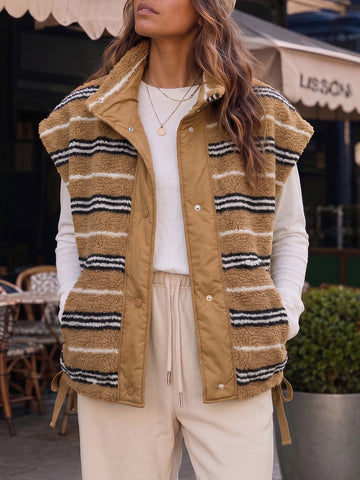 Fuzzy Fleece Striped Sleeveless Sherpa Vests