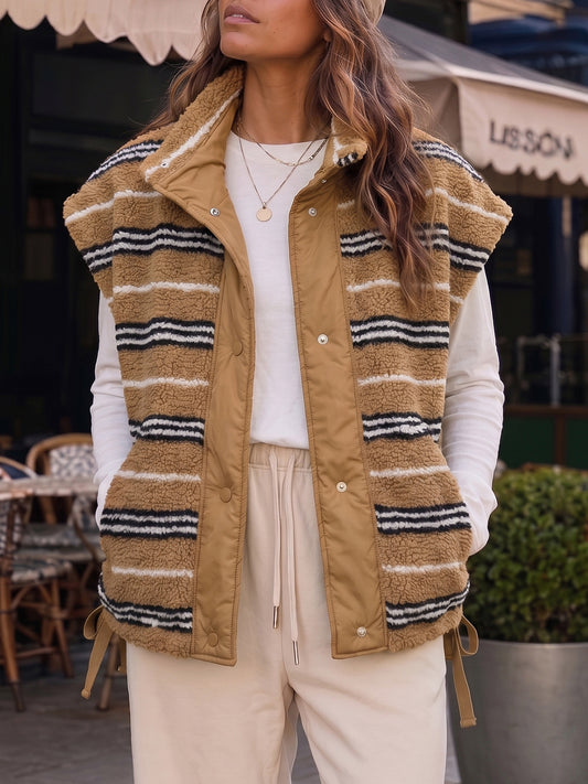 Fuzzy Fleece Striped Sleeveless Sherpa Vests