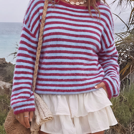 Off Shoulder Striped Knit Pullover - Fisoew