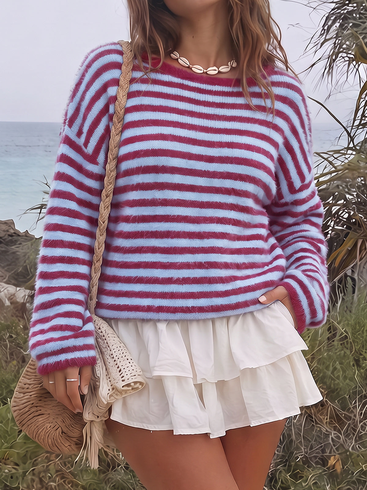 Off Shoulder Striped Knit Pullover - Fisoew
