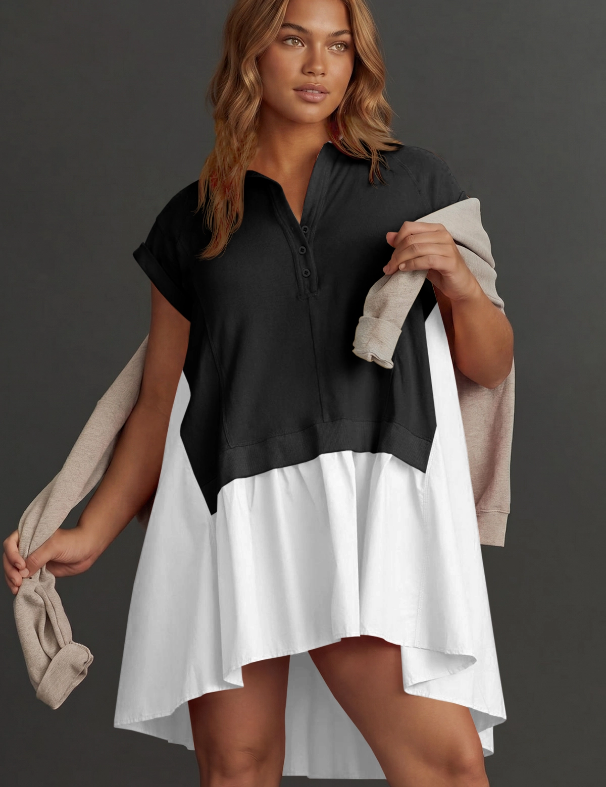 Fisoew Women's Black&white Oversized Patchwork Mini Dress - Fisoew