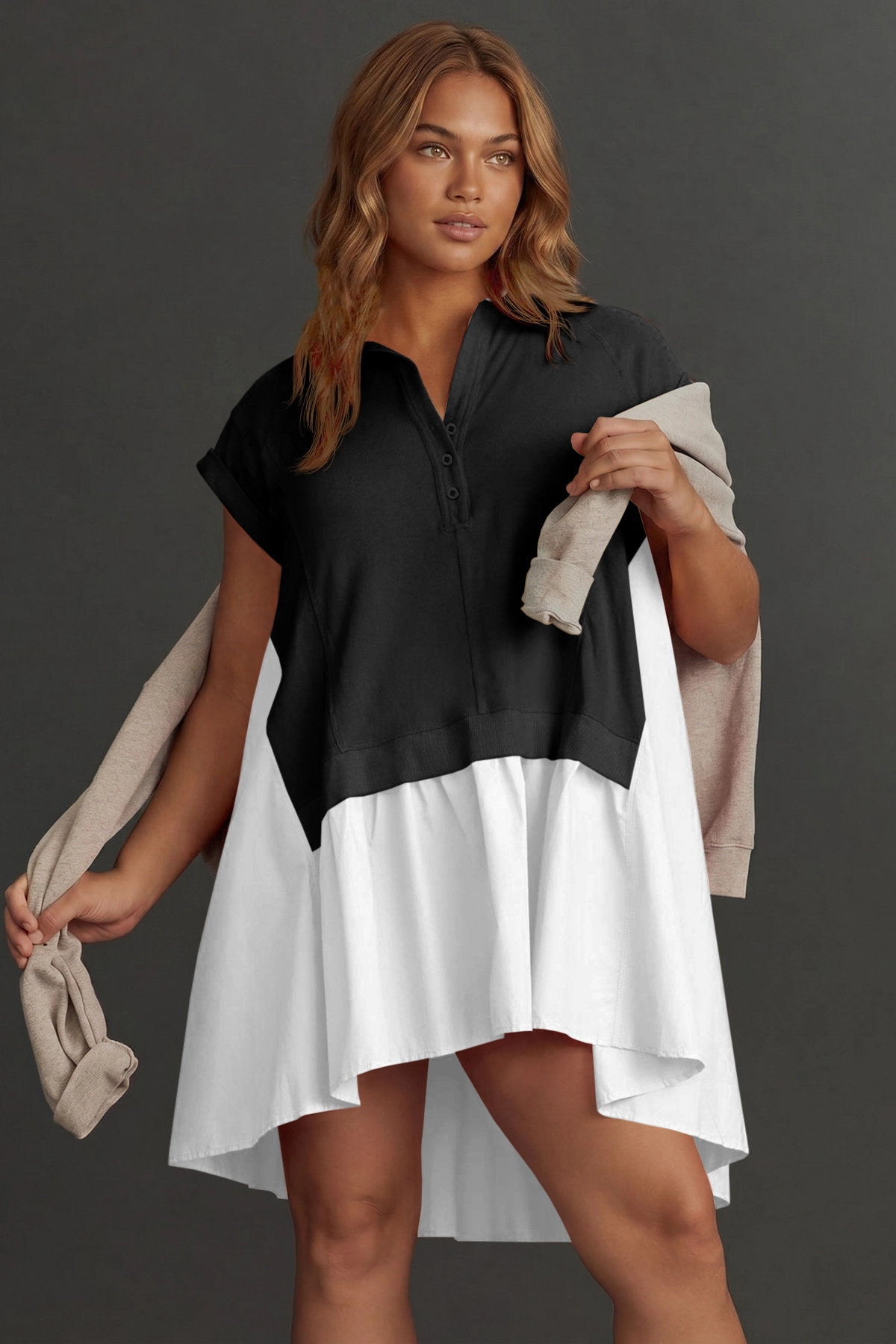 Fisoew Women's Black&white Oversized Patchwork Mini Dress