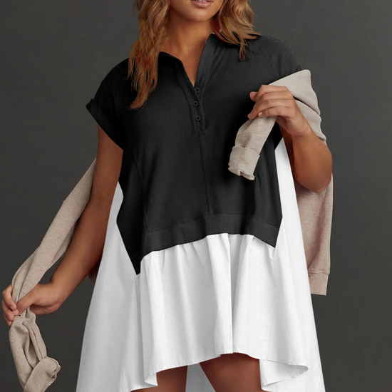 Fisoew Women's Black&white Oversized Patchwork Mini Dress - Fisoew