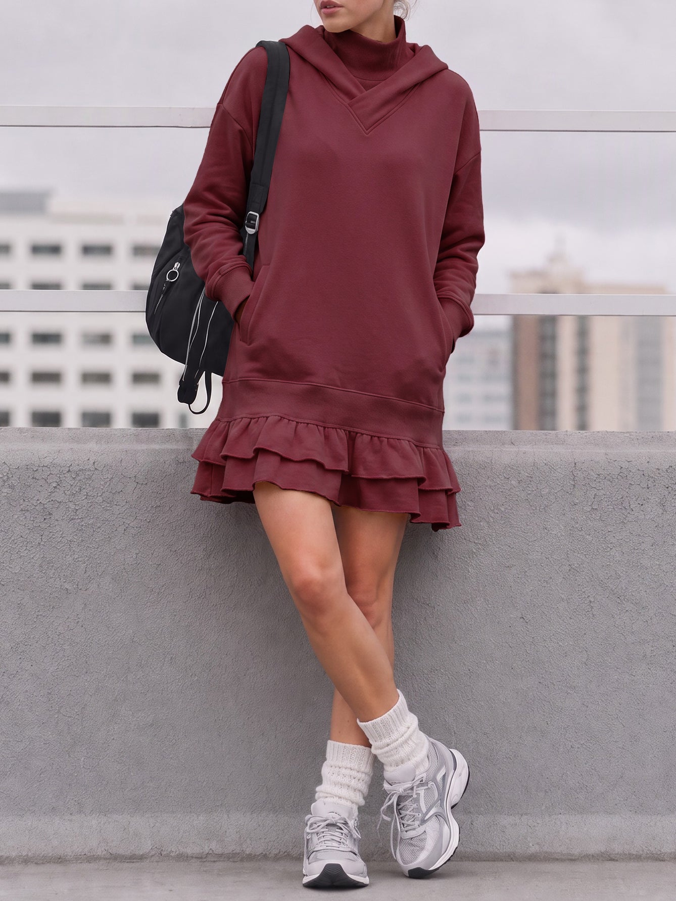 Turtleneck Hoodie Sweatshirt Mini Dresses - Fisoew