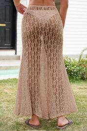 Fisoew Women's Khaki High Waist A Line Lace Maxi Skirt - Fisoew
