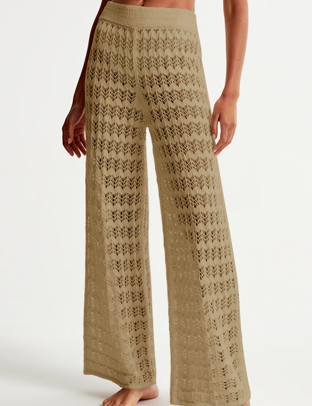 Fisoew Women‘s Khaki Crochet Sheer Mesh Cover Up Pants - Fisoew