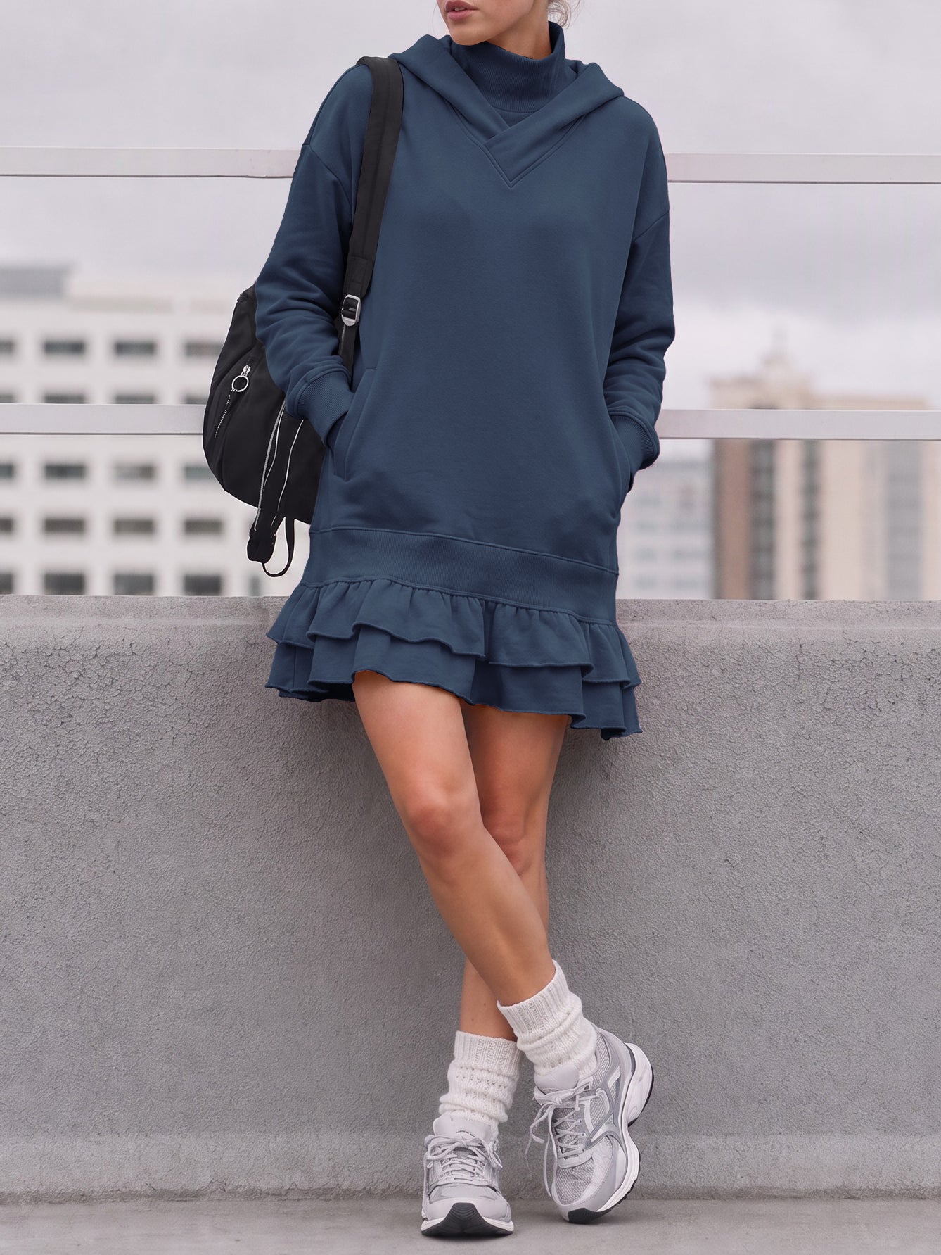 Turtleneck Hoodie Sweatshirt Mini Dresses - Fisoew