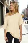 Fisoew Women's Beige Off The Shoulder Tops Oversized  T-Shirts - Fisoew