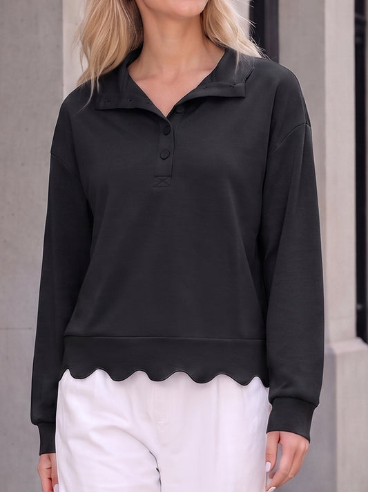 Henley Scalloped Hem Pullover Sweatshirts