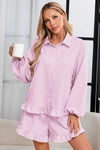 Womens Light Pink Stripe 2Pcs Ruffle Shorts Pajama Set  Fisoew - Fisoew