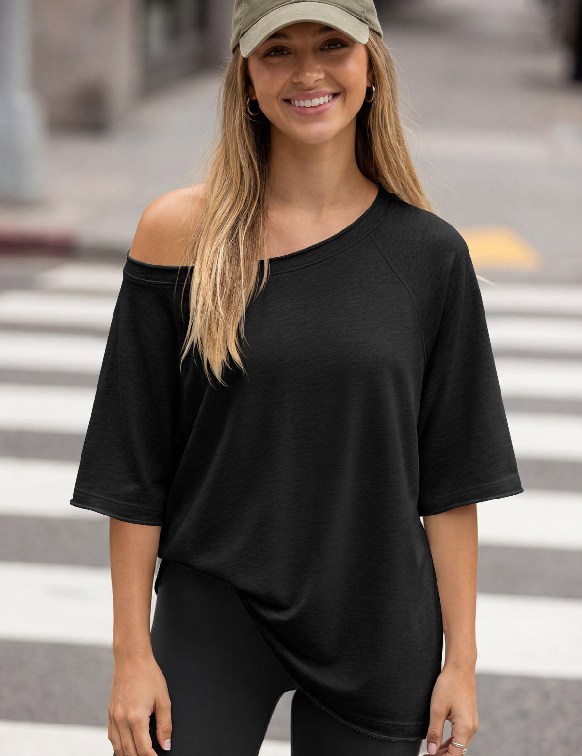 Fisoew Women's Black Off The Shoulder Tops Oversized  T-Shirts - Fisoew