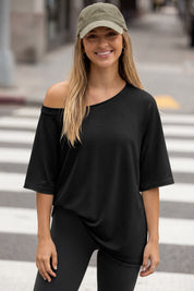 Fisoew Women's Black Off The Shoulder Tops Oversized  T-Shirts - Fisoew