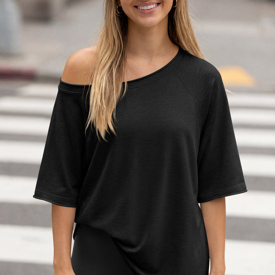 Fisoew Women's Black Off The Shoulder Tops Oversized  T-Shirts - Fisoew