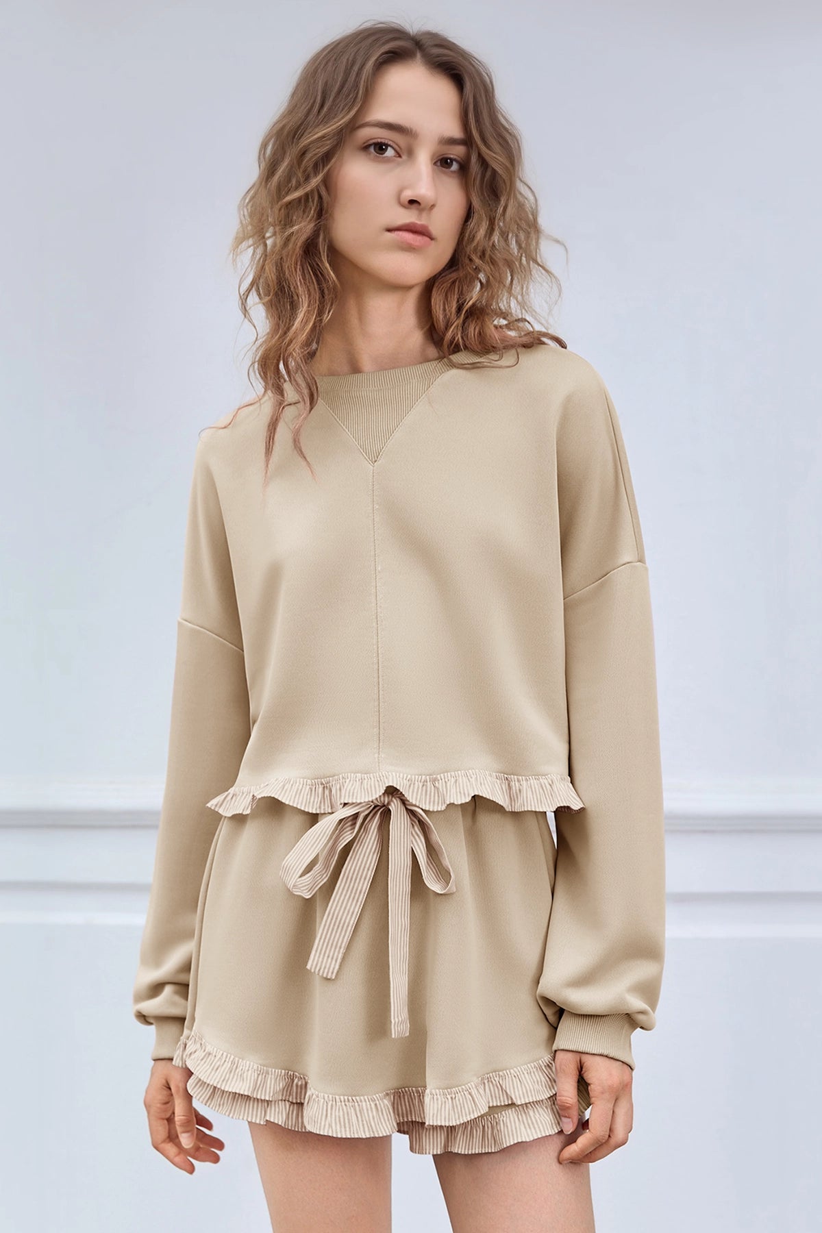 Women's Khaki Color Block 2 Piece Lounge Sets Fisoew - Fisoew