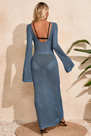 Fisoew Women's Navy Crochet  Long Sleeve Sexy Swimsuit Maxi Dress - Fisoew