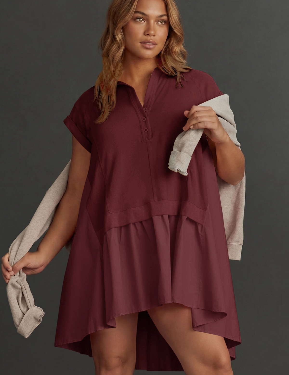 Fisoew Women's Burgundy Oversized Patchwork Mini Dress - Fisoew