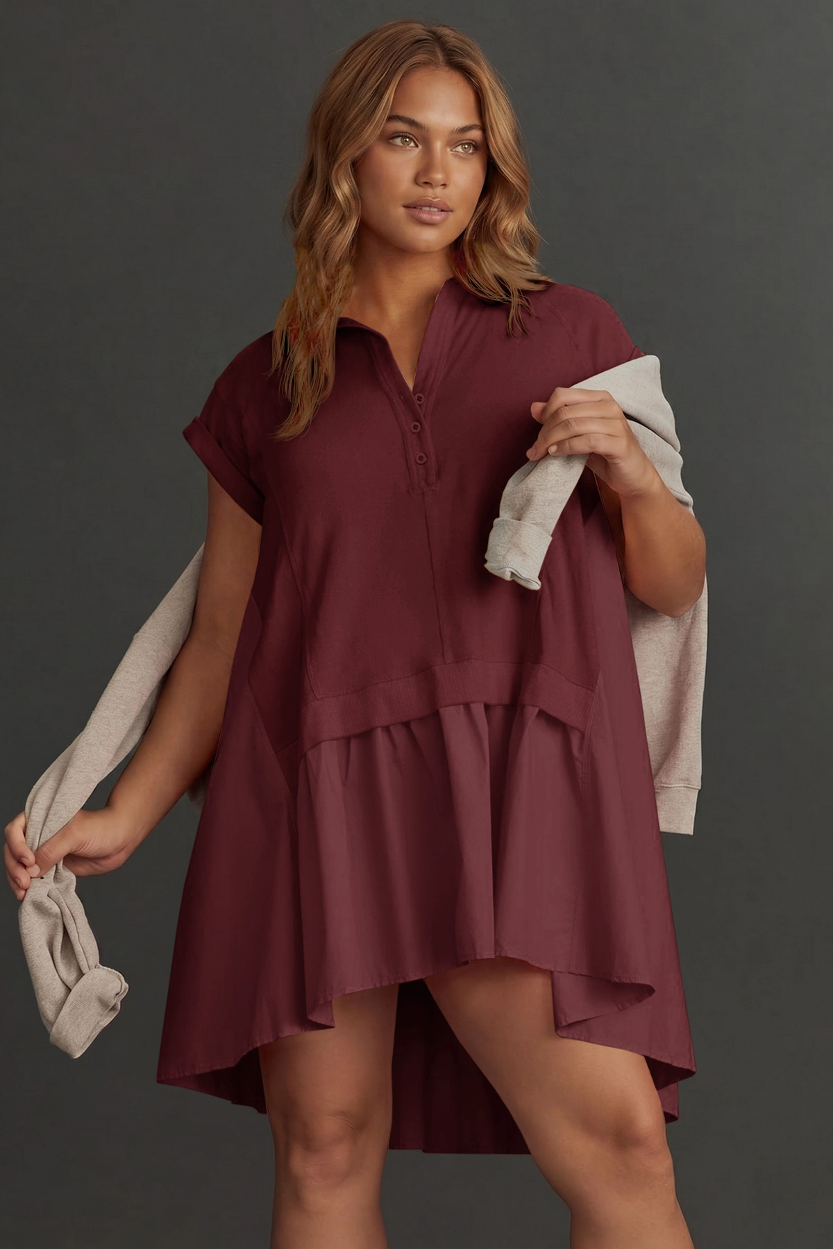 Fisoew Women's Burgundy Oversized Patchwork Mini Dress - Fisoew