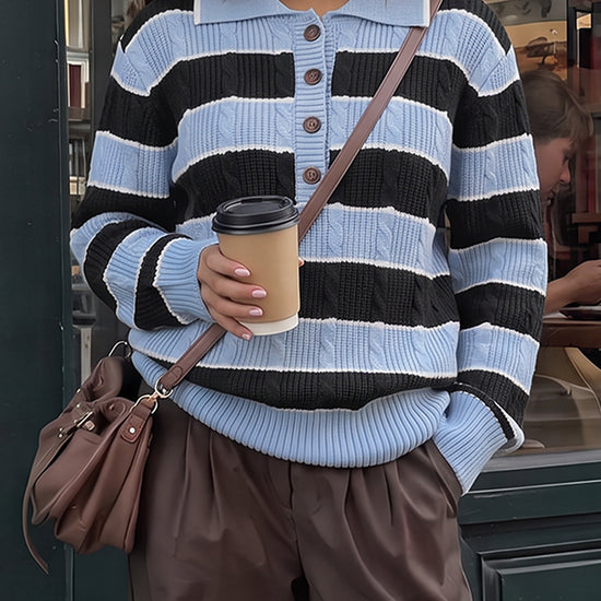 Colorblock Striped Half Button Pullovers - Fisoew