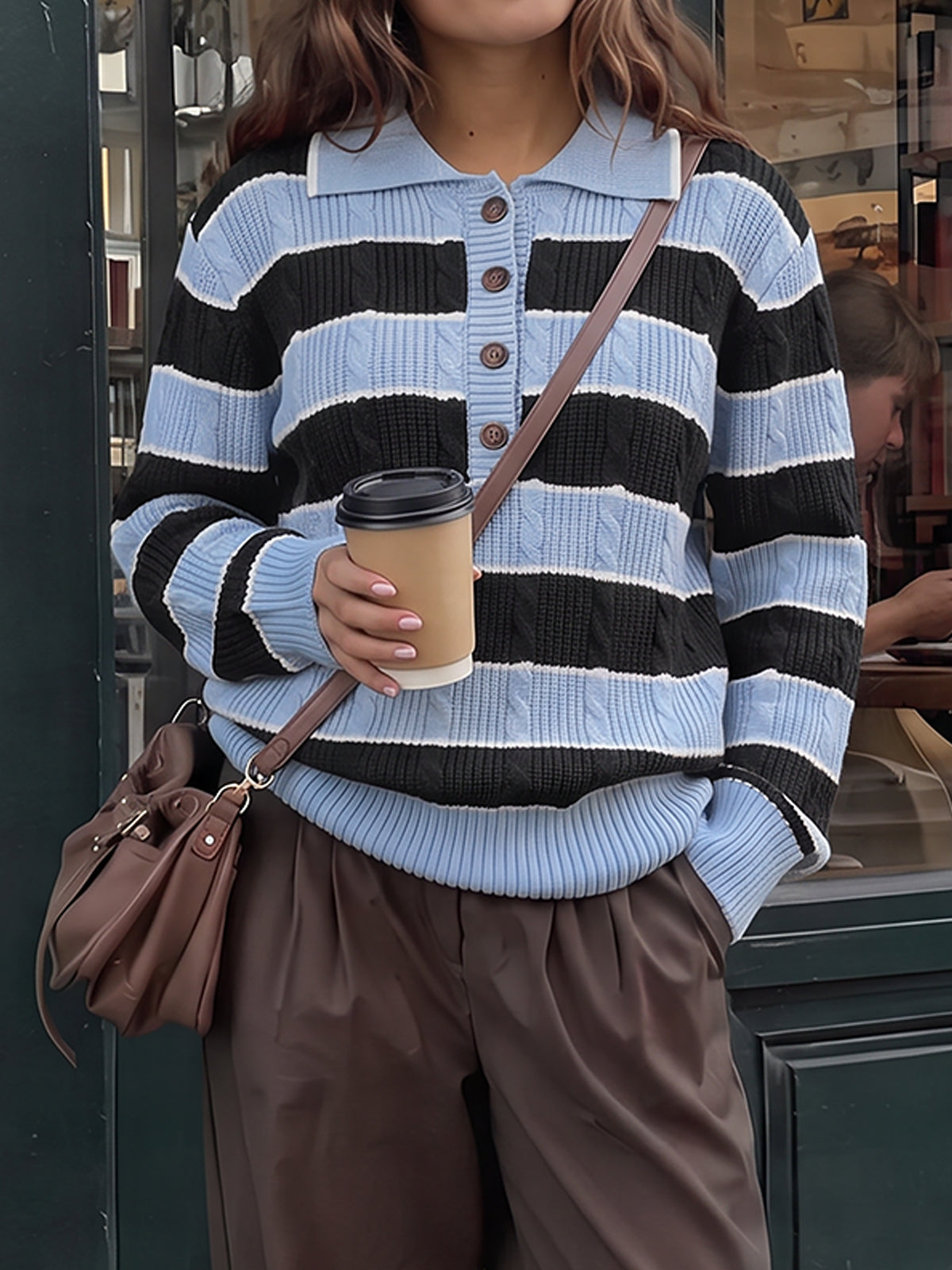 Colorblock Striped Half Button Pullovers - Fisoew