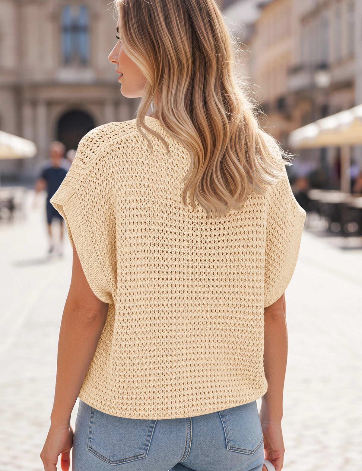 Fisoew Women's Apricot Short Sleeve Crochet Cardigans Sweater Cover Ups - Fisoew