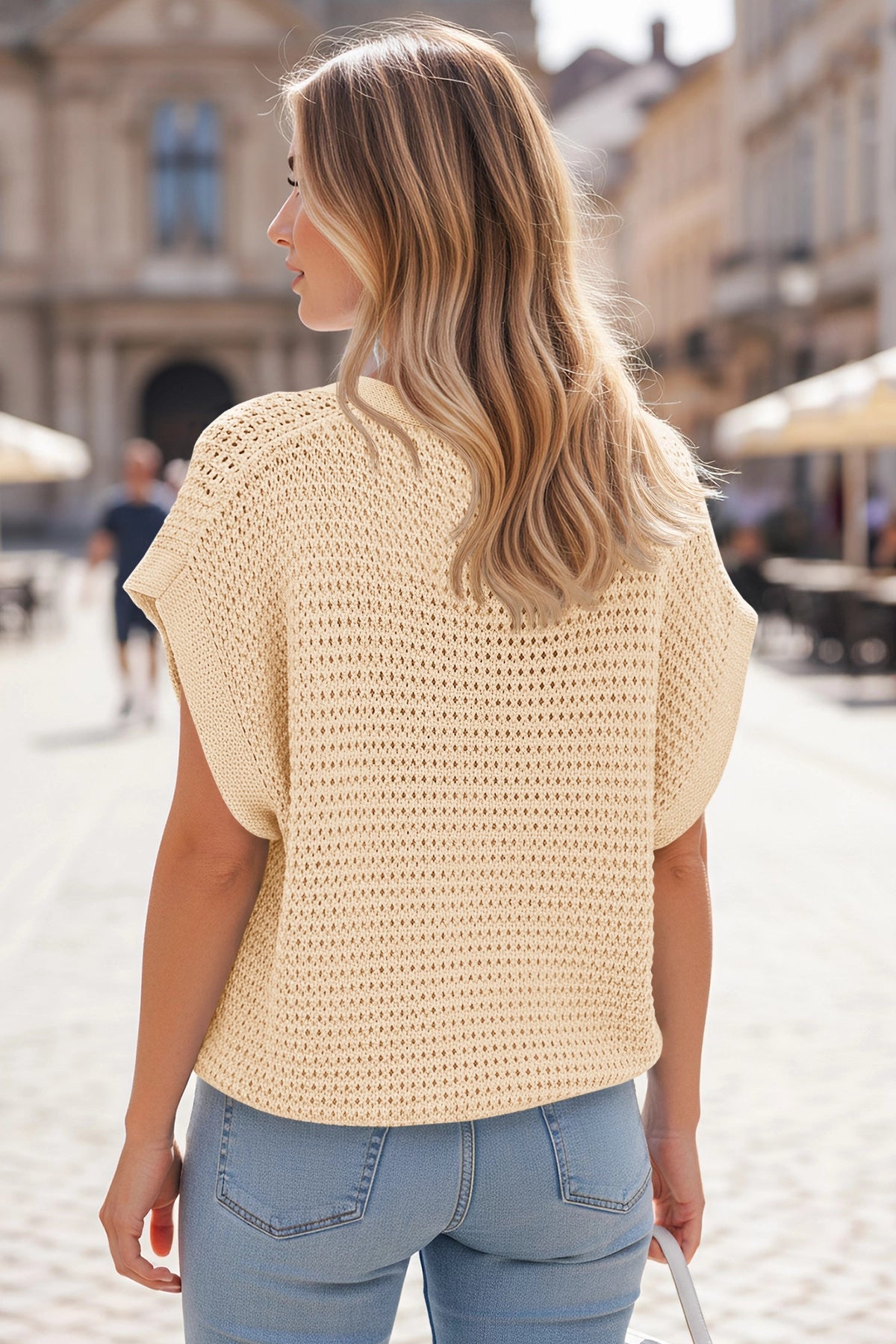 Fisoew Women's Apricot Short Sleeve Crochet Cardigans Sweater Cover Ups - Fisoew