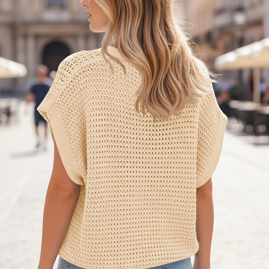 Fisoew Women's Apricot Short Sleeve Crochet Cardigans Sweater Cover Ups - Fisoew