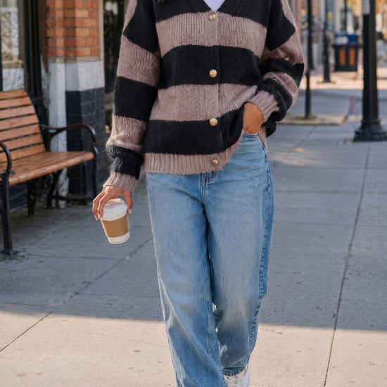 Striped Open Front Button Up Cardigans - Fisoew