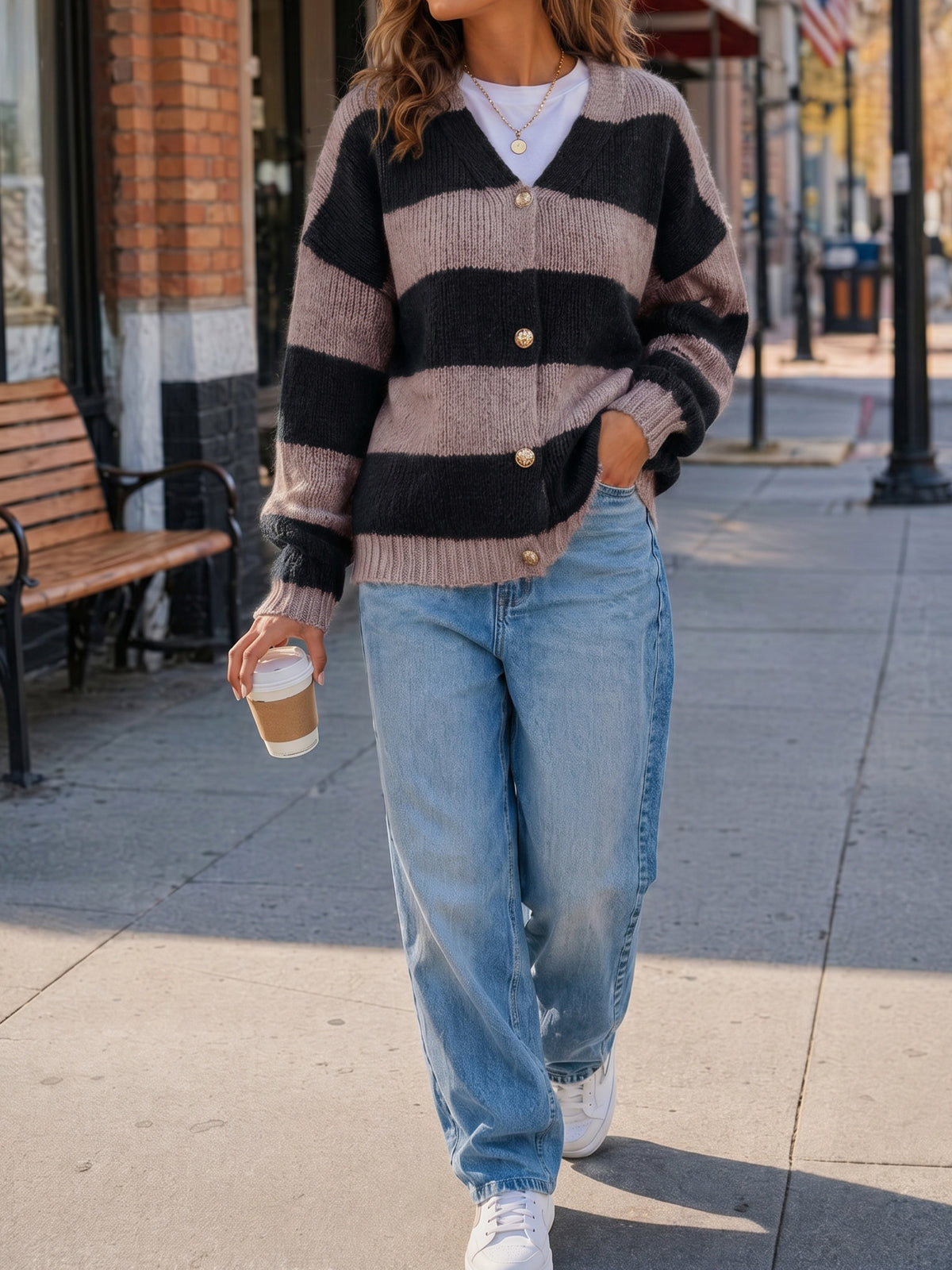Striped Open Front Button Up Cardigans - Fisoew