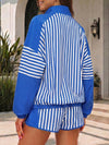 Striped Half-Zip Long Sleeve Tops With Short Sets