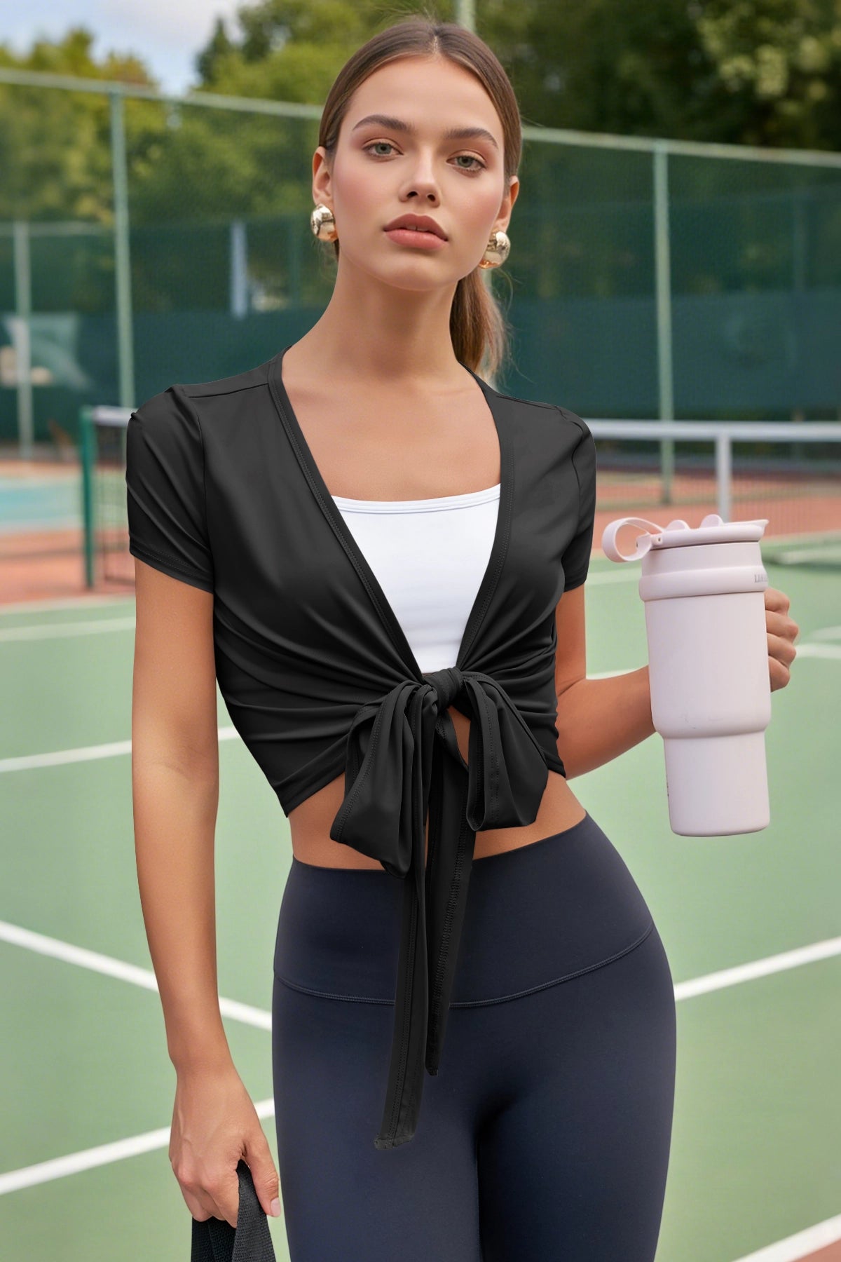 Fisoew Women's Black Y2k Wrap Tie Crop Shirts - Fisoew