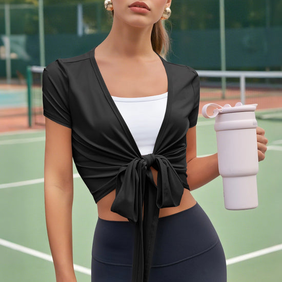 Fisoew Women's Black Y2k Wrap Tie Crop Shirts - Fisoew