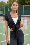 Fisoew Women's Black Y2k Wrap Tie Crop Shirts - Fisoew
