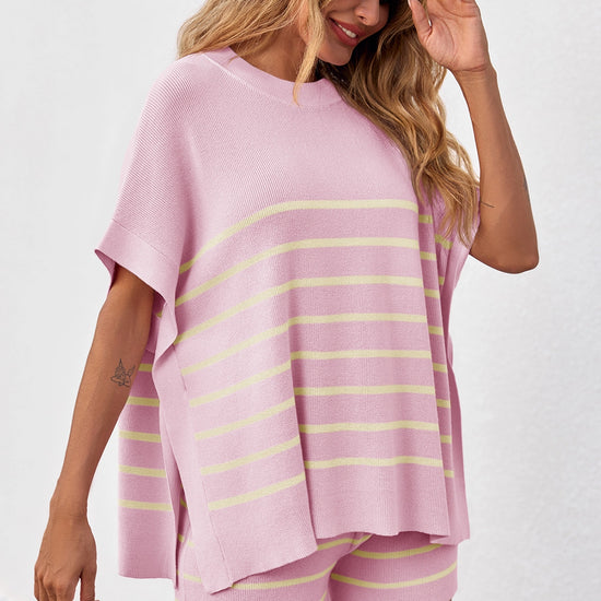 Fisoew Women's Pink Striped Oversized Lounge Short Sets - Fisoew