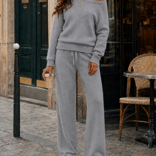 Off-Shoulder Sweaters With Drawstring Pants Set - Fisoew