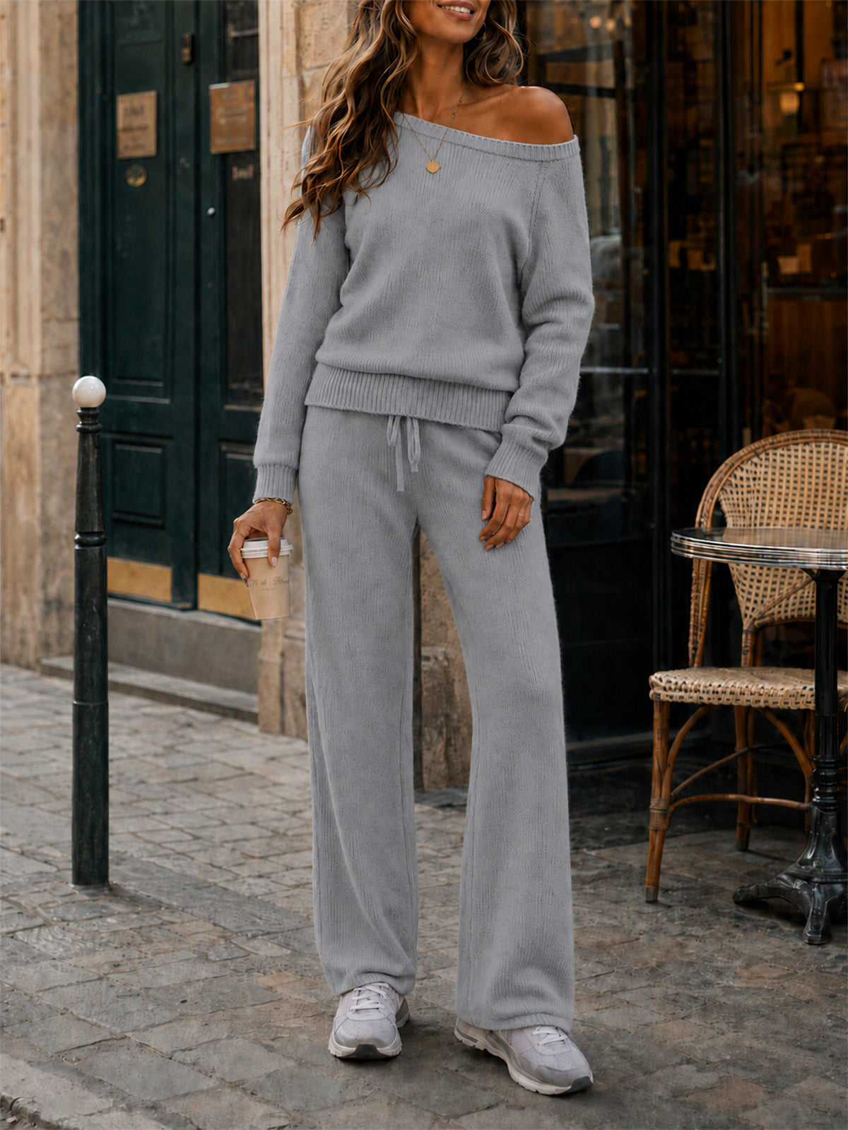 Off-Shoulder Sweaters With Drawstring Pants Set - Fisoew