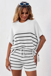 Fisoew Women's White Striped Oversized Lounge Short Sets - Fisoew