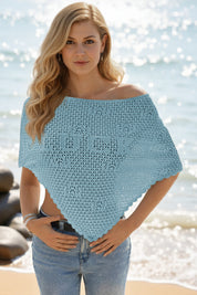 Fisoew Women's Sky Blue Sheer Shawl Boho Crochet Cover Ups - Fisoew