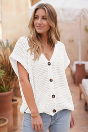 Fisoew Women's White Short Sleeve Crochet Cardigans Sweater Cover Ups - Fisoew