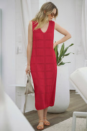 Fisoew Women's Red Boho Knit Sleeveless Dress - Fisoew