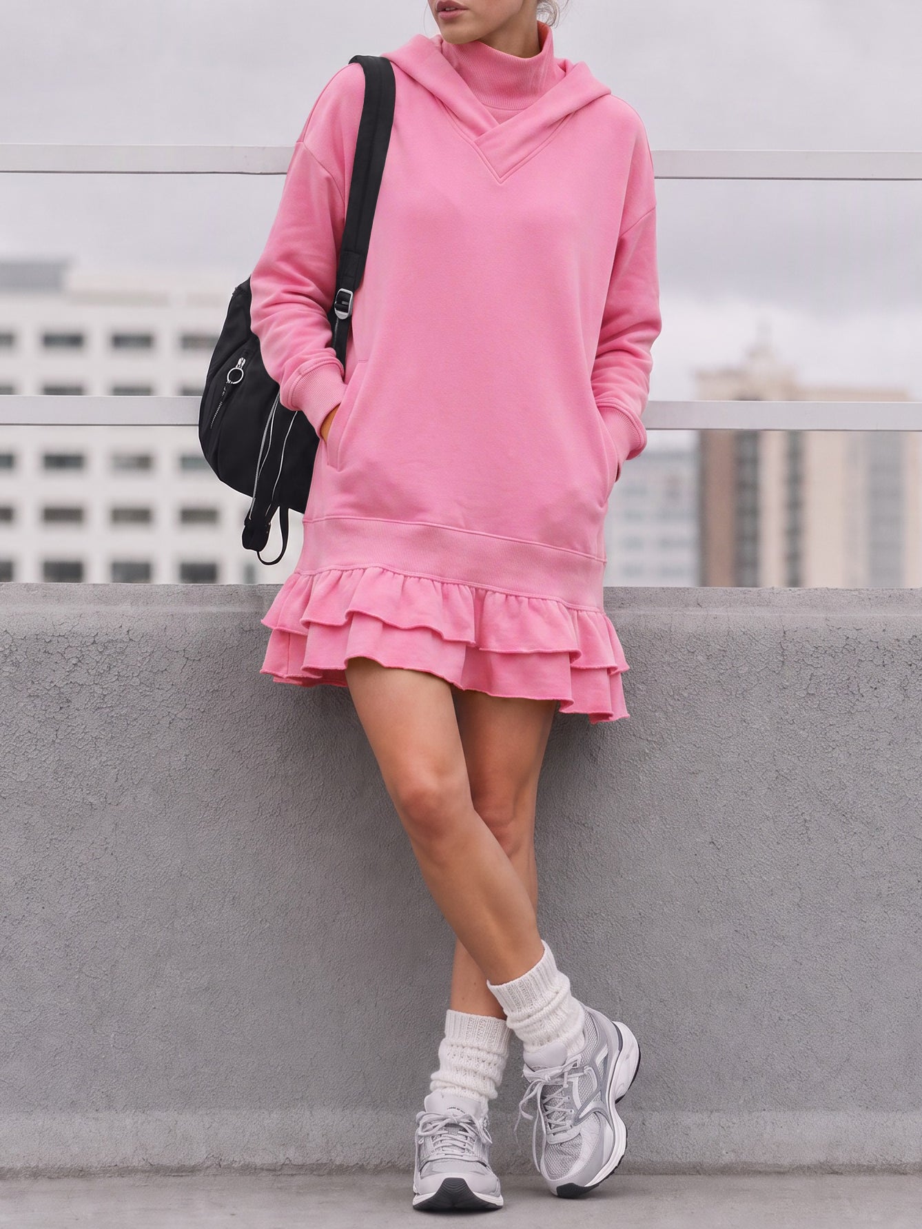 Turtleneck Hoodie Sweatshirt Mini Dresses - Fisoew