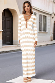 Fisoew Women's Beige Striped Sexy Crochet Maxi Dress