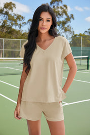 Fisoew Women's Khaki V Neck 2 Piece Casual Outfits - Fisoew