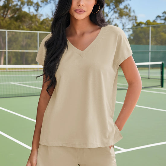 Fisoew Women's Khaki V Neck 2 Piece Casual Outfits - Fisoew