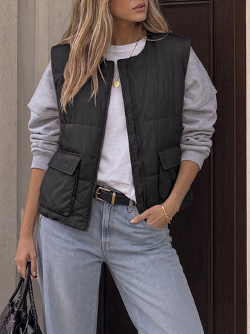 Cropped Puffer Zip Up with Pockets Vests