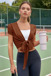 Fisoew Women's Brown Y2k Wrap Tie Crop Shirts - Fisoew