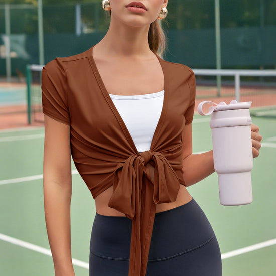 Fisoew Women's Brown Y2k Wrap Tie Crop Shirts - Fisoew
