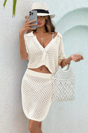 Fisoew Women's White Knit Short Sleeve Crop Top 2-Piece Sets
