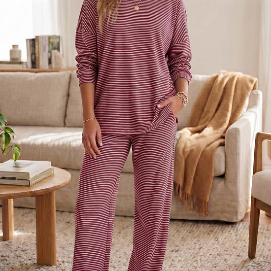 Striped Long Sleeve Top With Wide Leg Pants Set - Fisoew